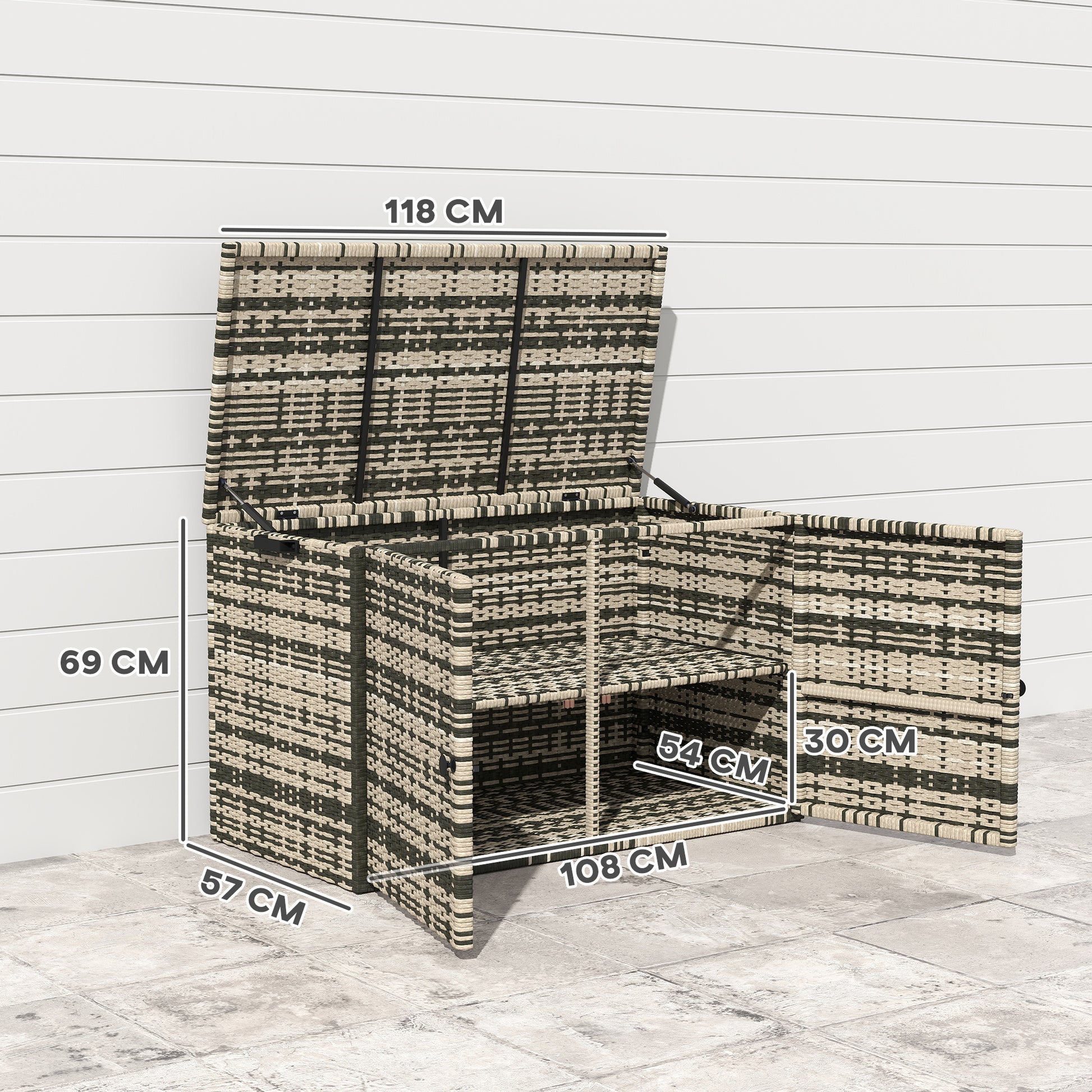Rattan Cushion Box 350L 2-tier Weatherproof Storage Box with Lid Lifting Rods Carry Handles UV Resistant Garden Box Storage Chest for Garden Patio Balcony 118x57x69 cm Mixed Grey