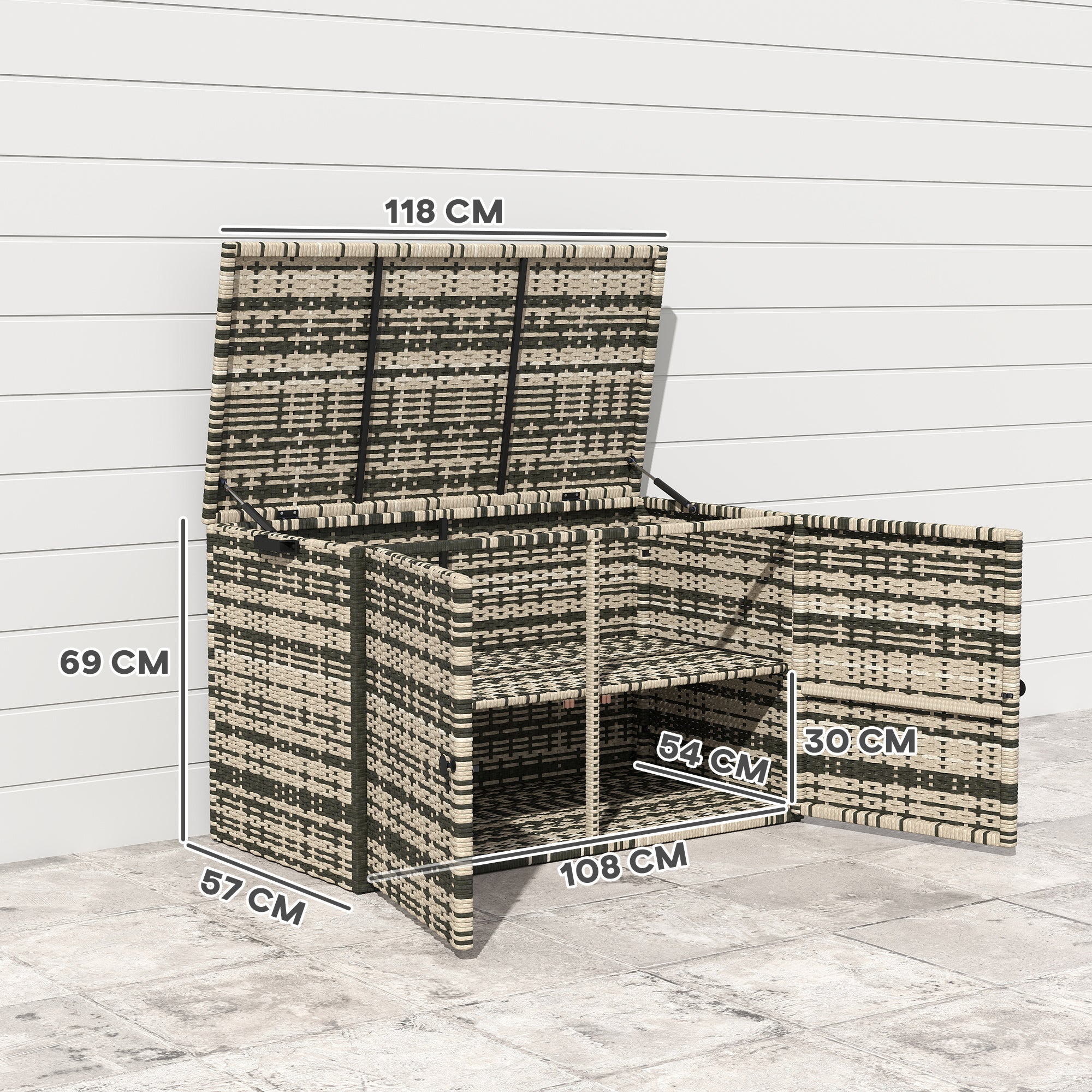 Rattan Cushion Box 350L 2-tier Weatherproof Storage Box with Lid Lifting Rods Carry Handles UV Resistant Garden Box Storage Chest for Garden Patio Balcony 118x57x69 cm Mixed Grey