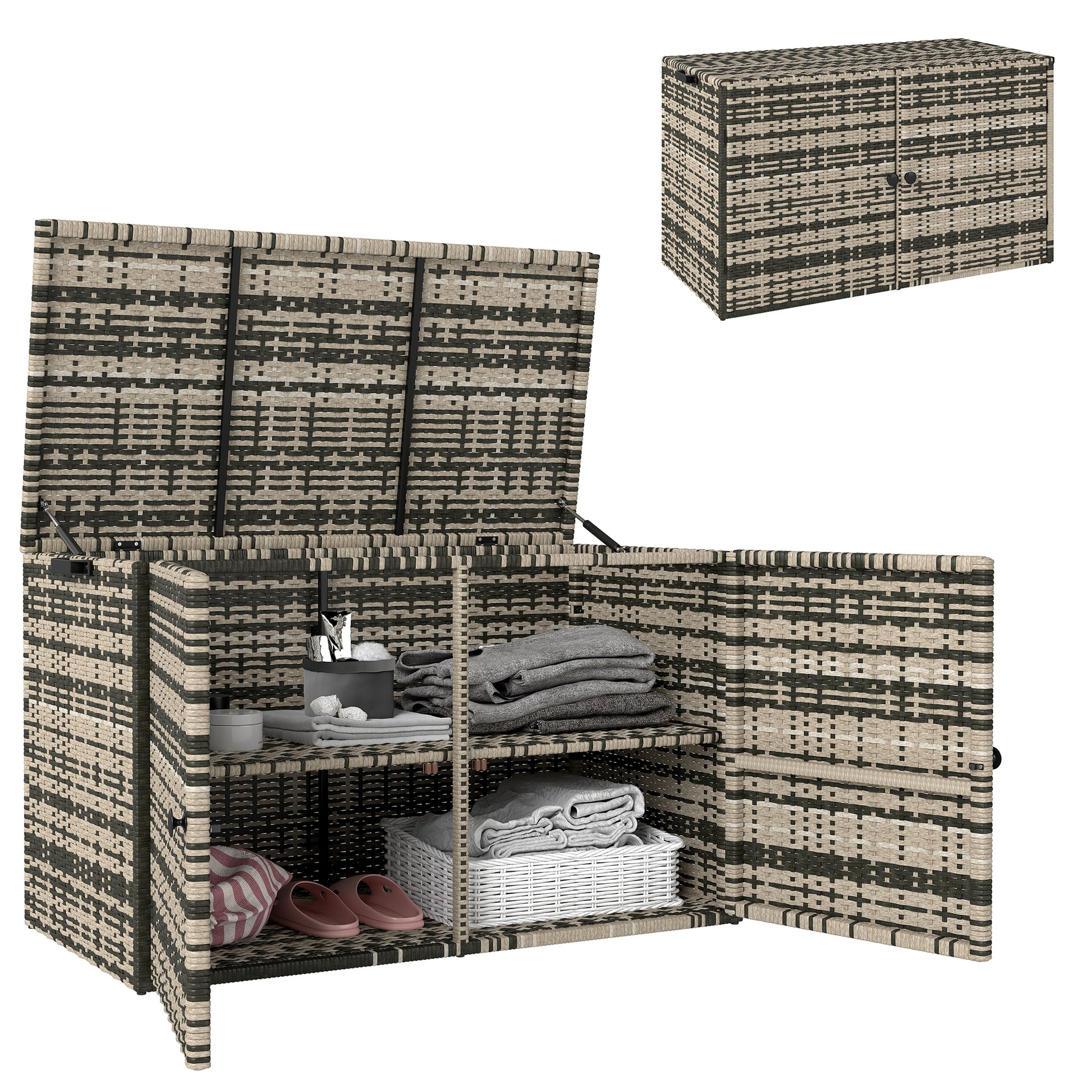 Rattan Cushion Box 350L 2-tier Weatherproof Storage Box with Lid Lifting Rods Carry Handles UV Resistant Garden Box Storage Chest for Garden Patio Balcony 118x57x69 cm Mixed Grey