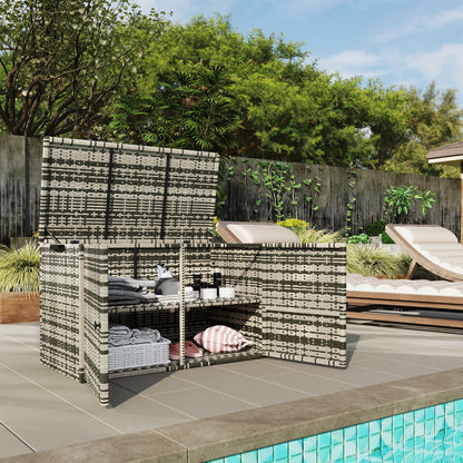 Rattan Cushion Box 350L 2-tier Weatherproof Storage Box with Lid Lifting Rods Carry Handles UV Resistant Garden Box Storage Chest for Garden Patio Balcony 118x57x69 cm Mixed Grey