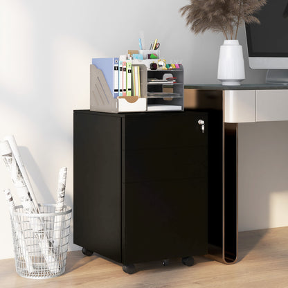 Mobile File Cabinet with 3 Drawers, Office Cabinet with Lock, Pressure Cabinet, Under Cabinet with Hanging Files, Office Container in A4 Format, Steel, 37 x 43.5 x 60 cm, Black