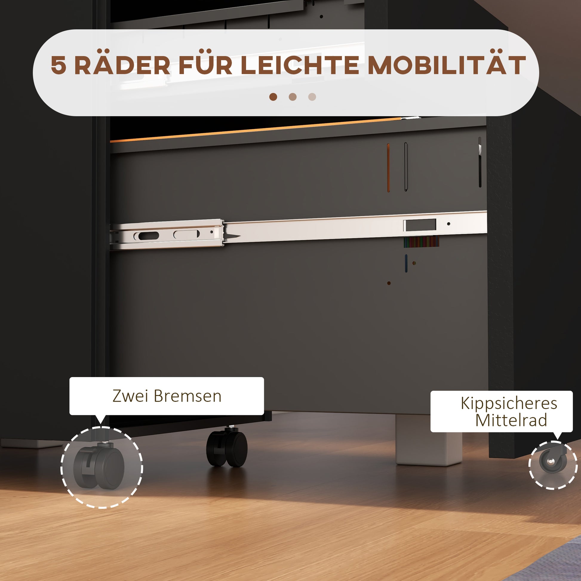 Mobile File Cabinet with 3 Drawers, Office Cabinet with Lock, Pressure Cabinet, Under Cabinet with Hanging Files, Office Container in A4 Format, Steel, 37 x 43.5 x 60 cm, Black