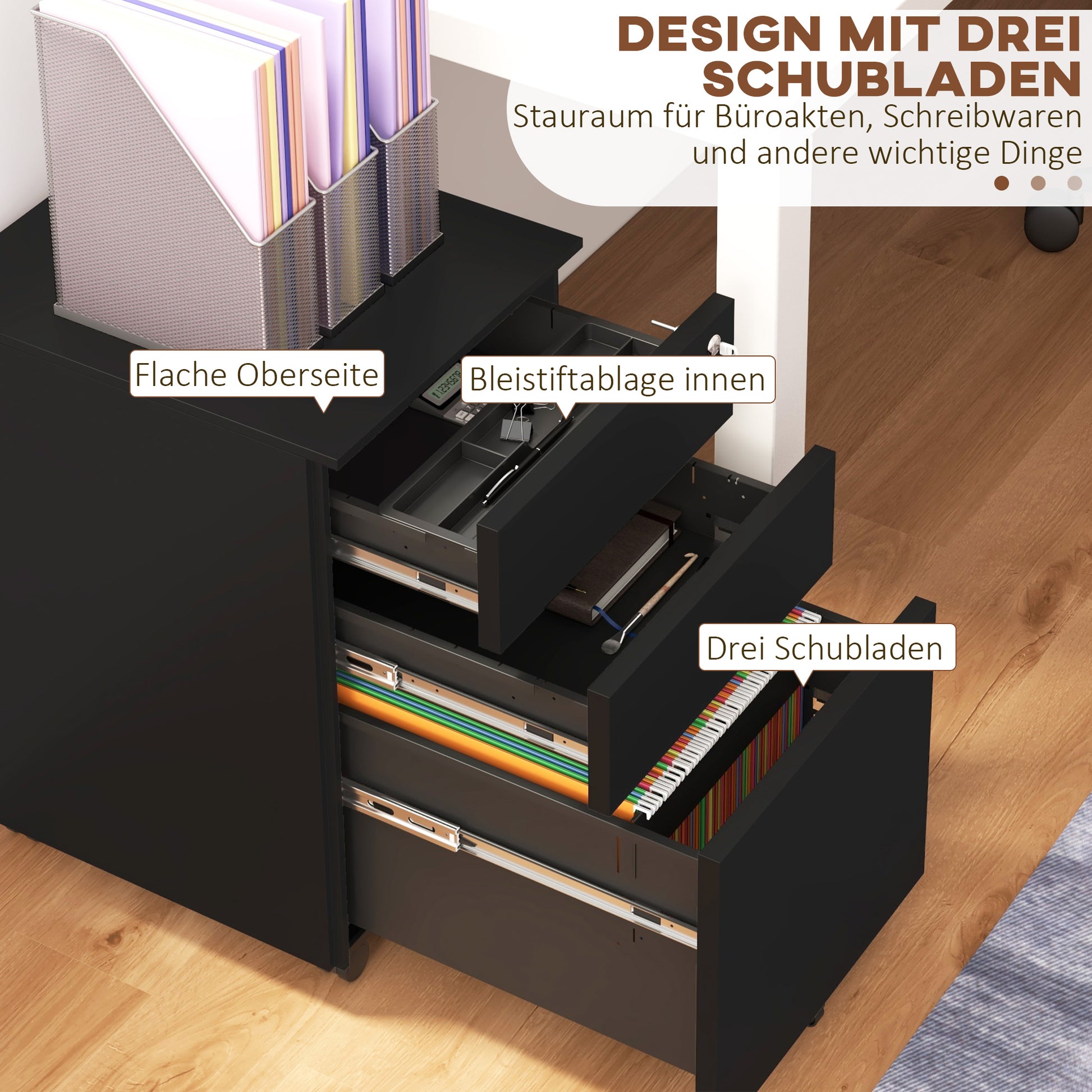 Mobile File Cabinet with 3 Drawers, Office Cabinet with Lock, Pressure Cabinet, Under Cabinet with Hanging Files, Office Container in A4 Format, Steel, 37 x 43.5 x 60 cm, Black
