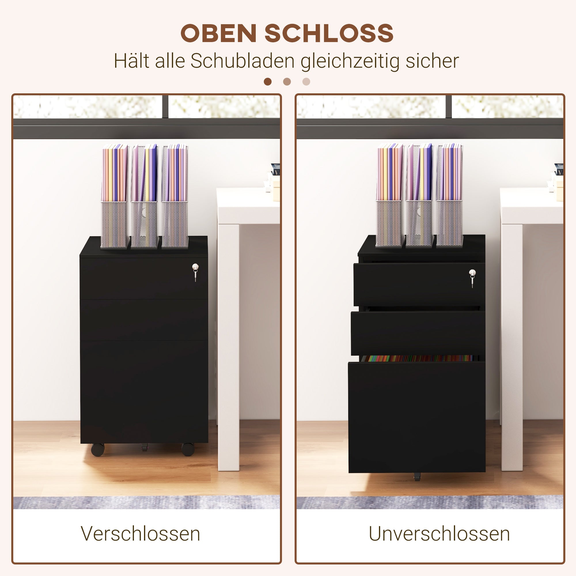 Mobile File Cabinet with 3 Drawers, Office Cabinet with Lock, Pressure Cabinet, Under Cabinet with Hanging Files, Office Container in A4 Format, Steel, 37 x 43.5 x 60 cm, Black