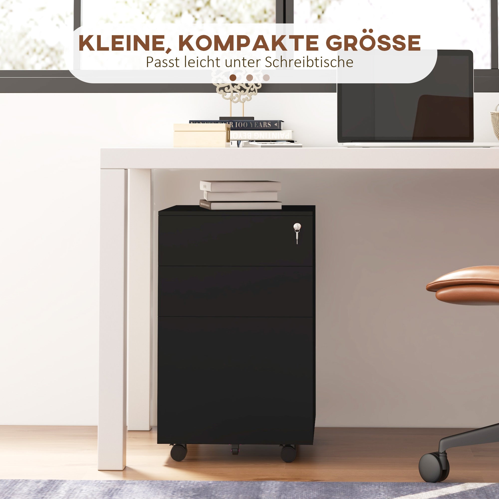 Mobile File Cabinet with 3 Drawers, Office Cabinet with Lock, Pressure Cabinet, Under Cabinet with Hanging Files, Office Container in A4 Format, Steel, 37 x 43.5 x 60 cm, Black