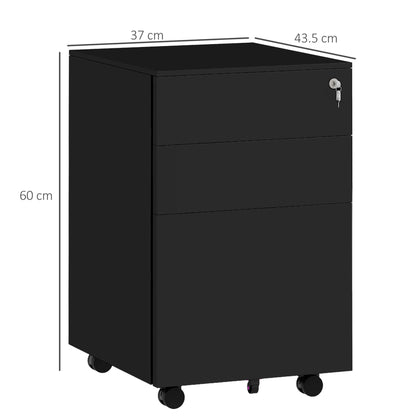Mobile File Cabinet with 3 Drawers, Office Cabinet with Lock, Pressure Cabinet, Under Cabinet with Hanging Files, Office Container in A4 Format, Steel, 37 x 43.5 x 60 cm, Black