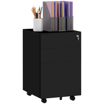 Mobile File Cabinet with 3 Drawers, Office Cabinet with Lock, Pressure Cabinet, Under Cabinet with Hanging Files, Office Container in A4 Format, Steel, 37 x 43.5 x 60 cm, Black