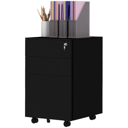 Mobile File Cabinet with 3 Drawers, Office Cabinet with Lock, Pressure Cabinet, Under Cabinet with Hanging Files, Office Container in A4 Format, Steel, 37 x 43.5 x 60 cm, Black