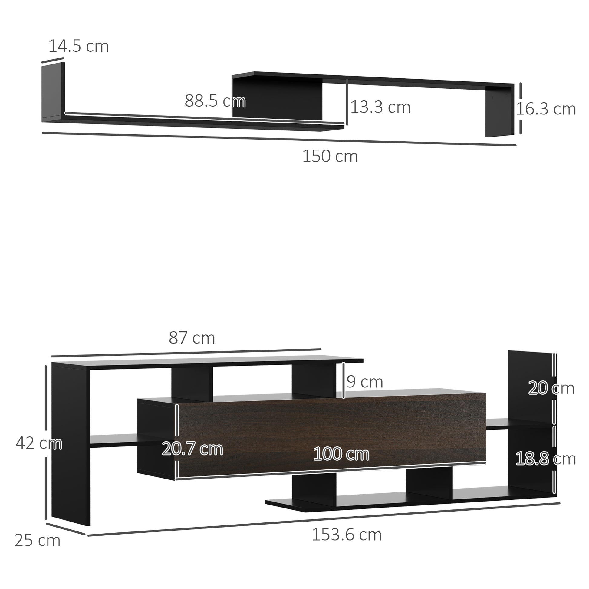Living Room Furniture Set TV Stands for TVs up to 65" or Console for TVs up to 40" with TV Stand 153.6x25x42 cm and Wall Shelf 150x14.5x16.3 cm Black and Brown
