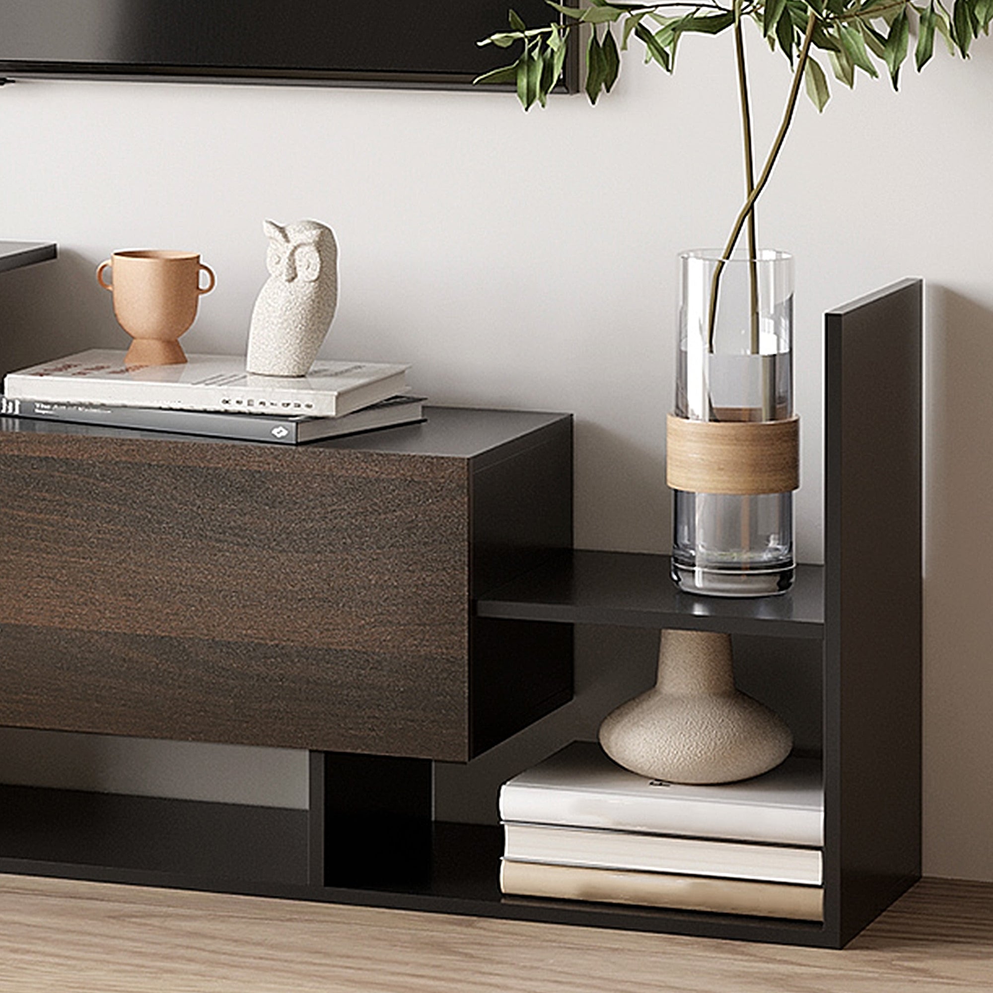 Living Room Furniture Set TV Stands for TVs up to 65" or Console for TVs up to 40" with TV Stand 153.6x25x42 cm and Wall Shelf 150x14.5x16.3 cm Black and Brown