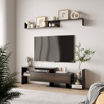 Living Room Furniture Set TV Stands for TVs up to 65" or Console for TVs up to 40" with TV Stand 153.6x25x42 cm and Wall Shelf 150x14.5x16.3 cm Black and Brown