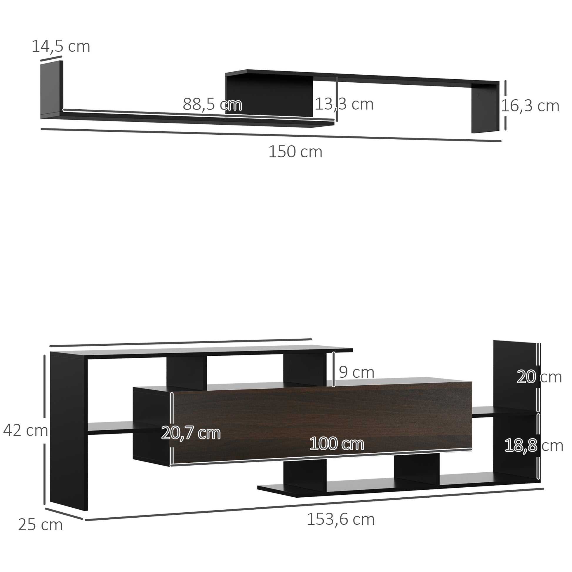 Living Room Furniture Set TV Stands for TVs up to 65" or Console for TVs up to 40" with TV Stand 153.6x25x42 cm and Wall Shelf 150x14.5x16.3 cm Black and Brown