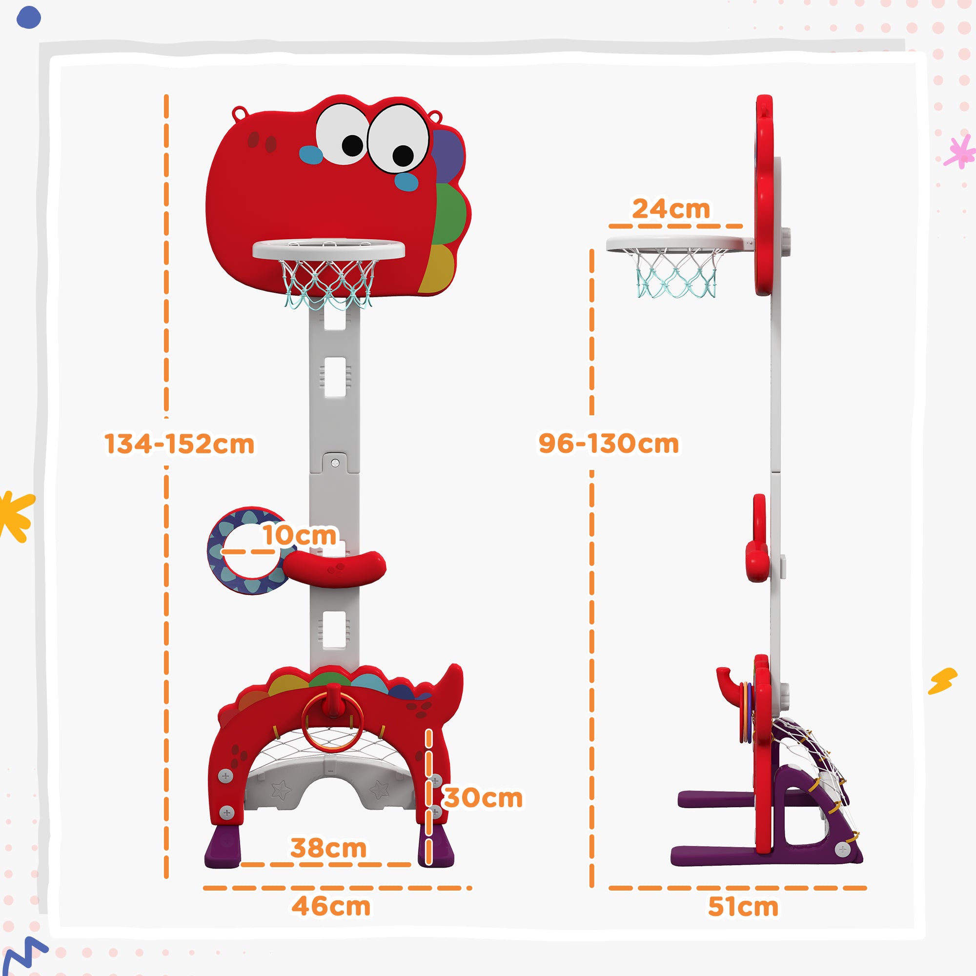 5-in-1 Children's Basketball Hoop Basketball Hoop for Kids Adjustable Height with Soccer Golf Ring Ball Toss Game for Indoor Red