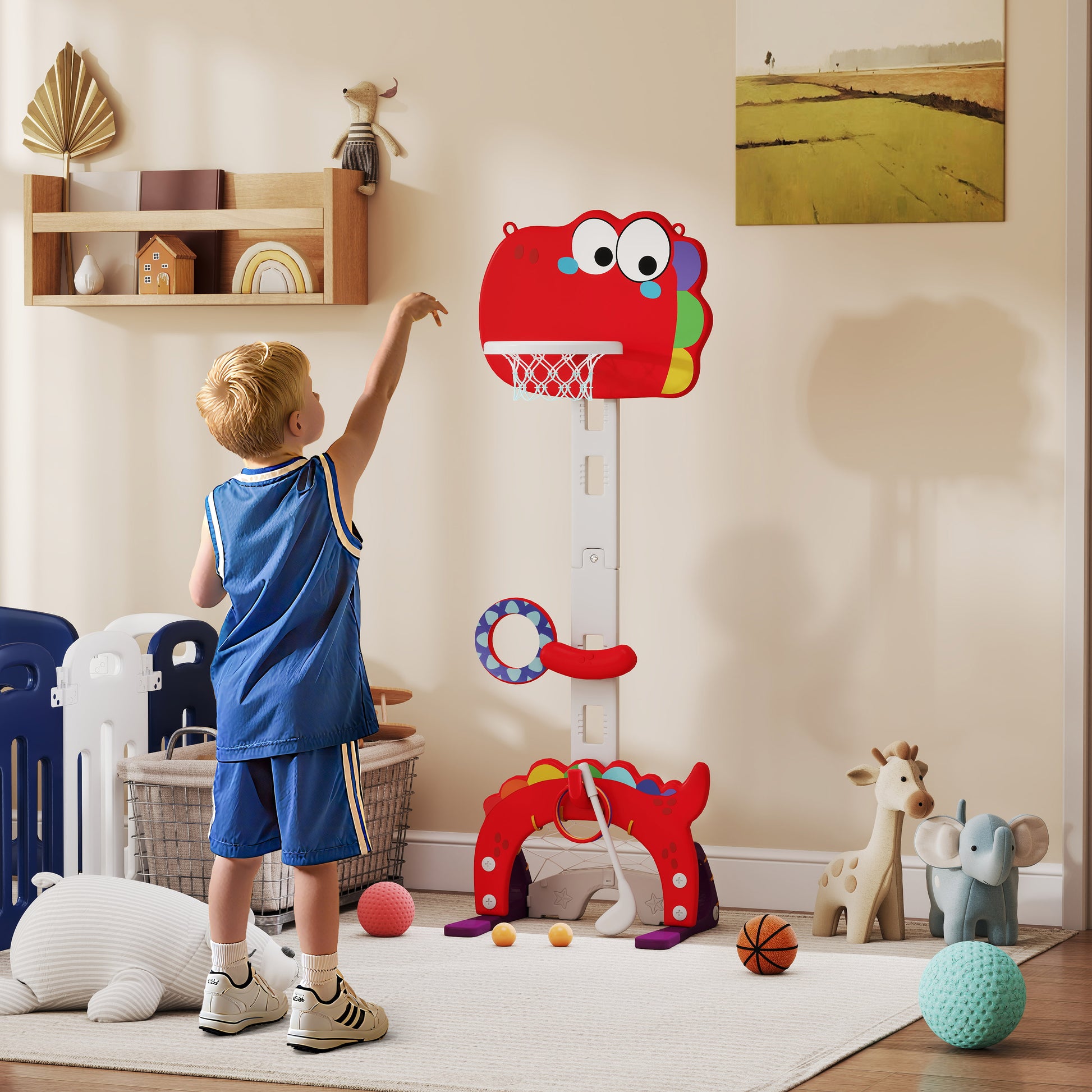 5-in-1 Children's Basketball Hoop Basketball Hoop for Kids Adjustable Height with Soccer Golf Ring Ball Toss Game for Indoor Red