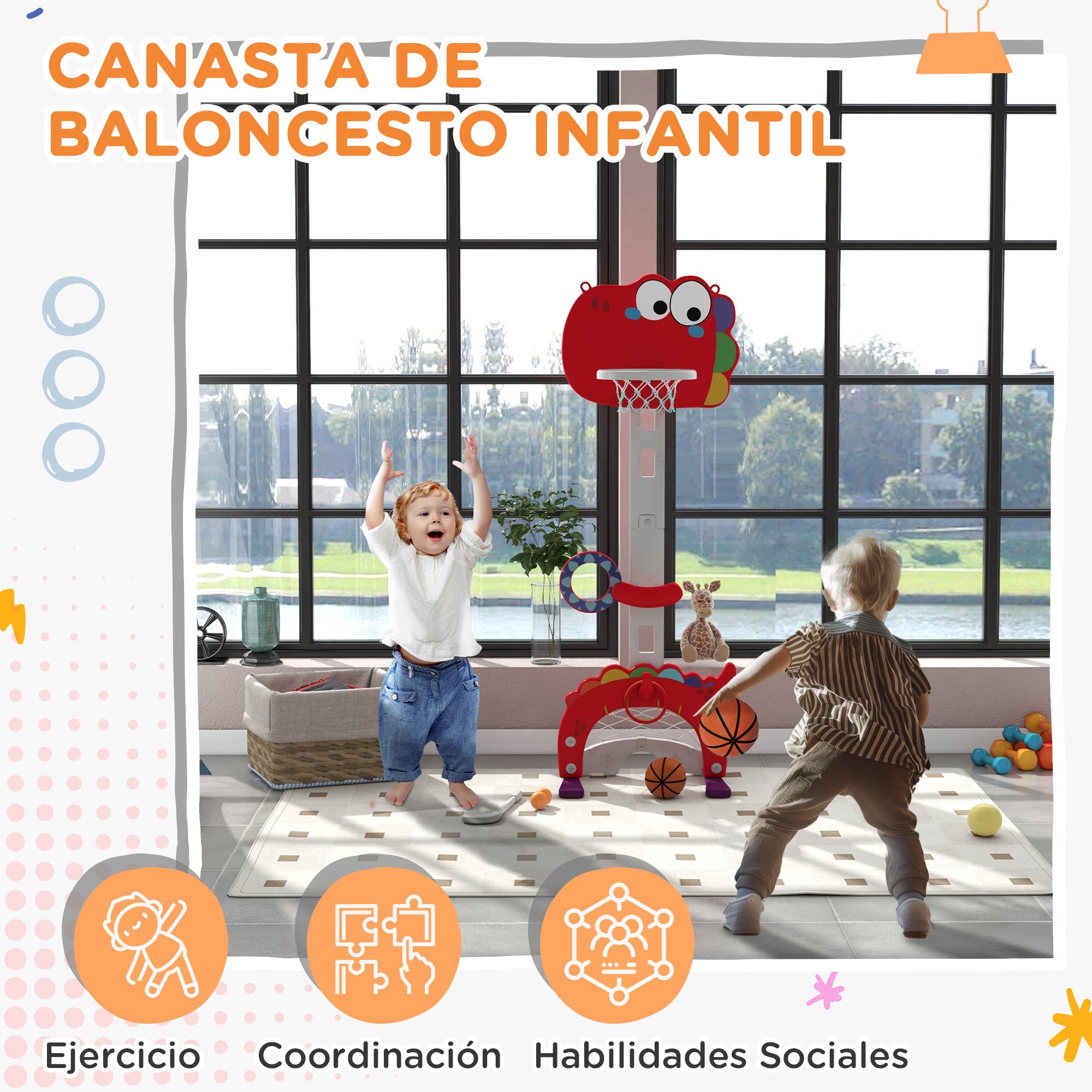 5-in-1 Children's Basketball Hoop Basketball Hoop for Kids Adjustable Height with Soccer Golf Ring Ball Toss Game for Indoor Red