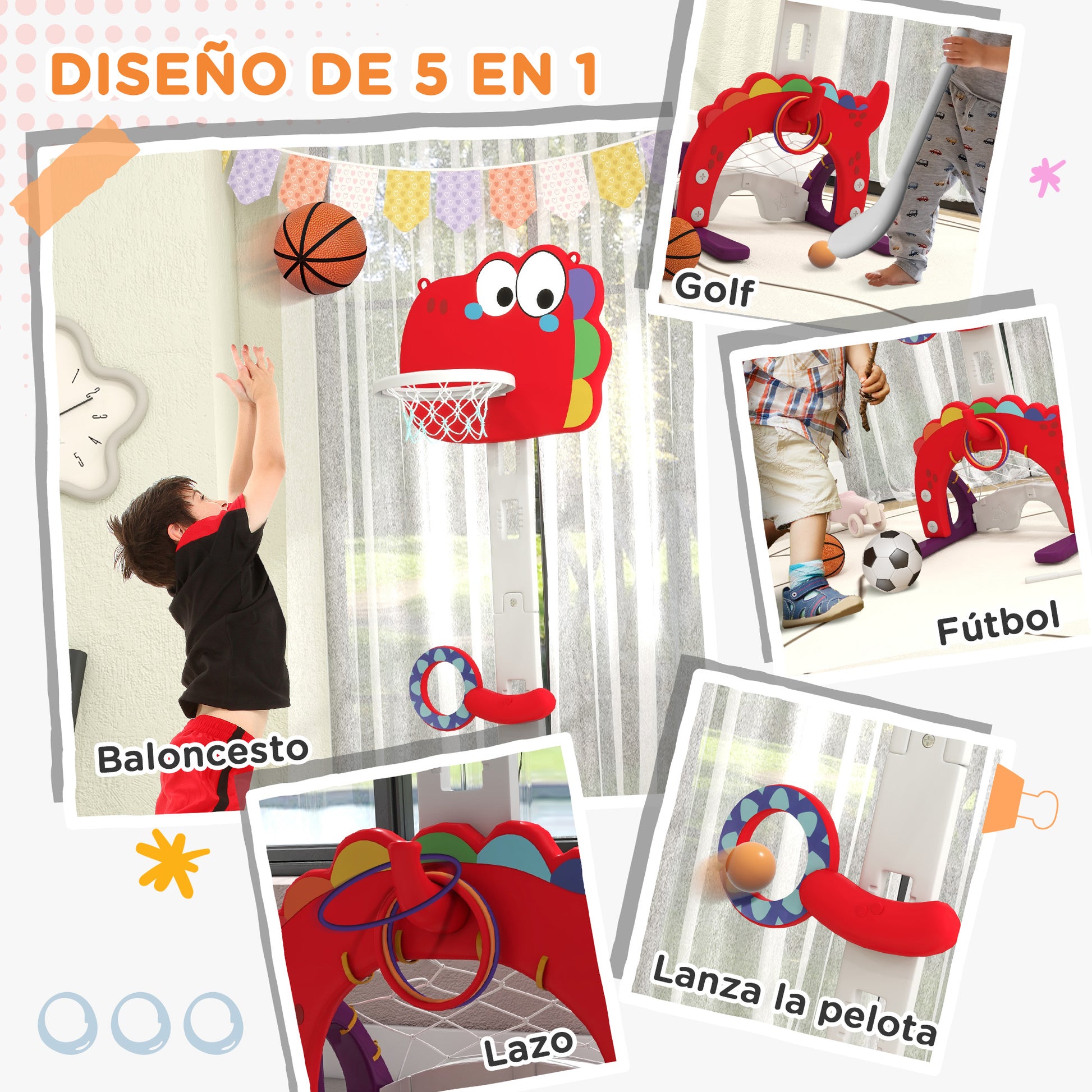5-in-1 Children's Basketball Hoop Basketball Hoop for Kids Adjustable Height with Soccer Golf Ring Ball Toss Game for Indoor Red