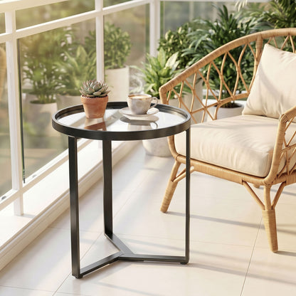 Round Glass Side Table with Geometric Metal Frame, Modern Accent Table for Small Spaces, Living Room & Bedroom, Black