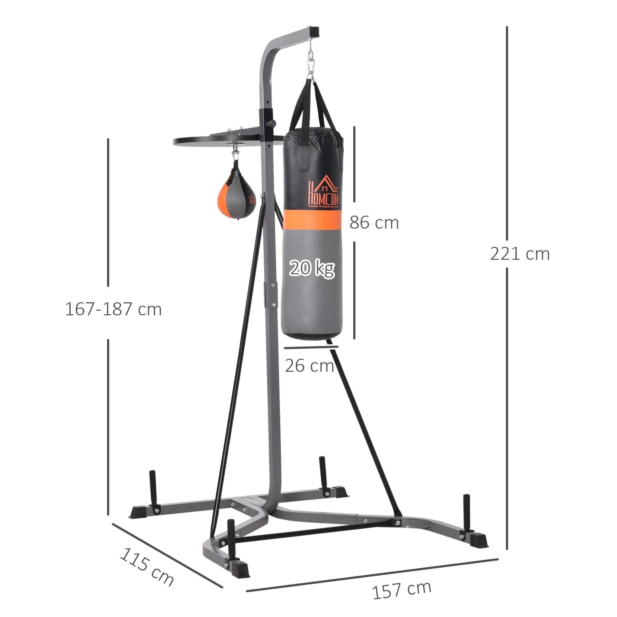 2-in-1 Boxing Bag Stand max. Load Capacity 100 kg, Rotatable Boxing Bag Holder made of Steel with 20kg Punching Ball, Adjustable Height Boxing Bag Holder, for Indoor Fitness Training, Black