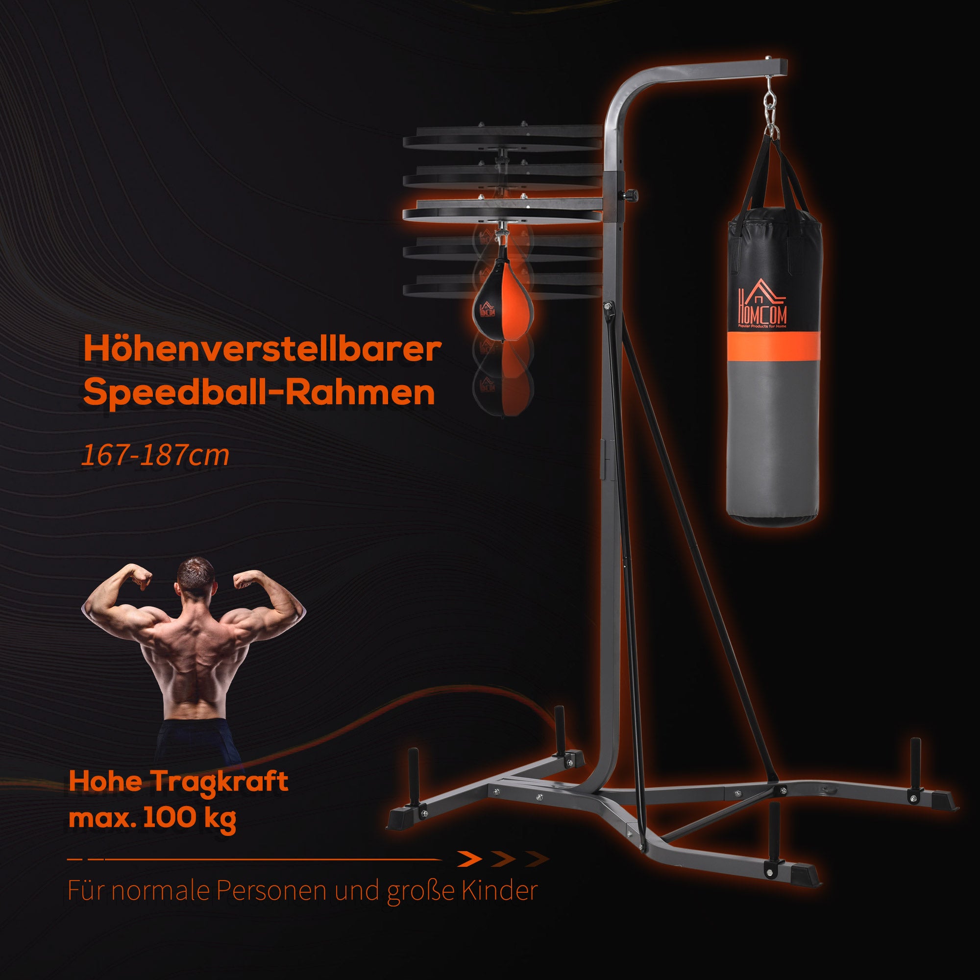 2-in-1 Boxing Bag Stand max. Load Capacity 100 kg, Rotatable Boxing Bag Holder made of Steel with 20kg Punching Ball, Adjustable Height Boxing Bag Holder, for Indoor Fitness Training, Black