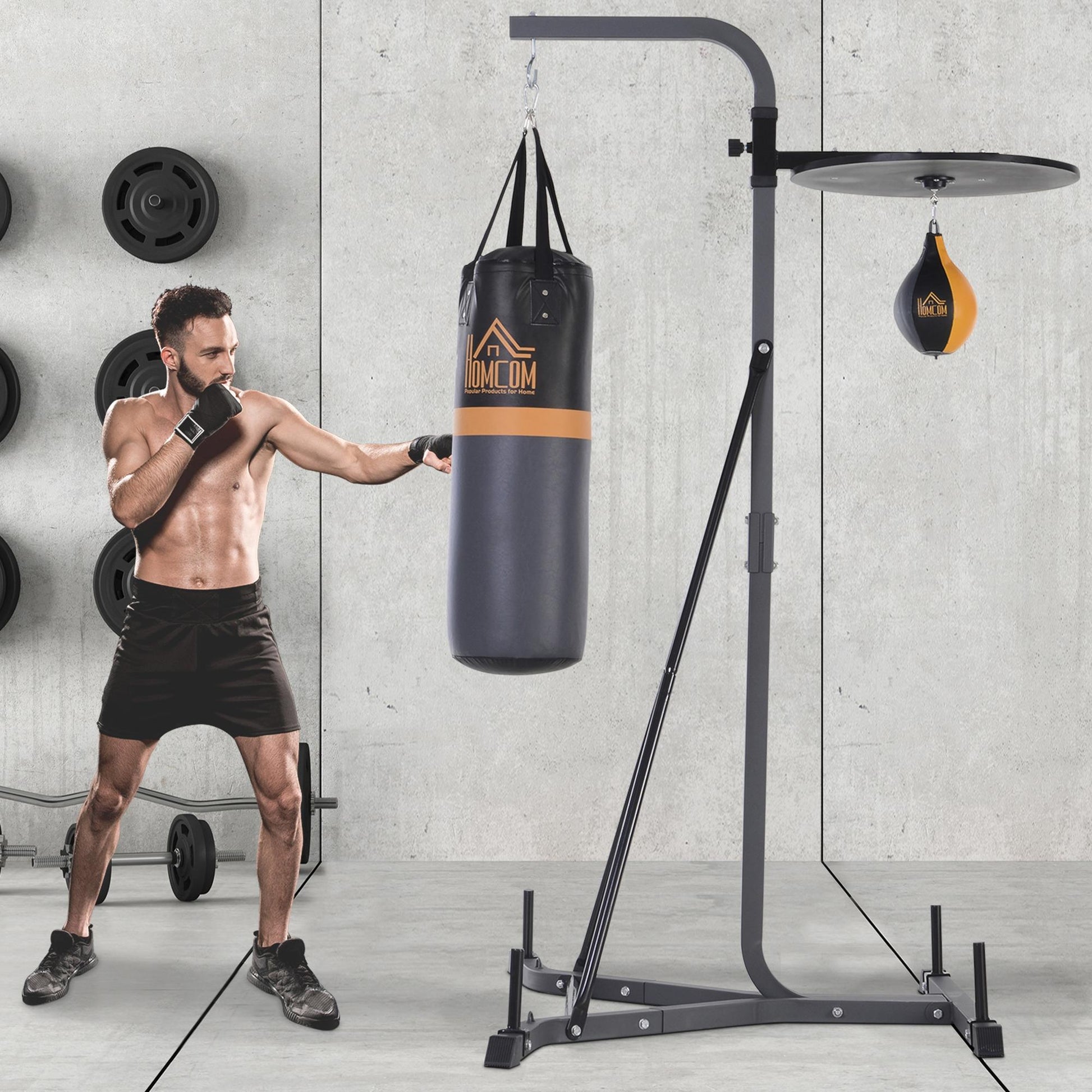 2-in-1 Boxing Bag Stand max. Load Capacity 100 kg, Rotatable Boxing Bag Holder made of Steel with 20kg Punching Ball, Adjustable Height Boxing Bag Holder, for Indoor Fitness Training, Black