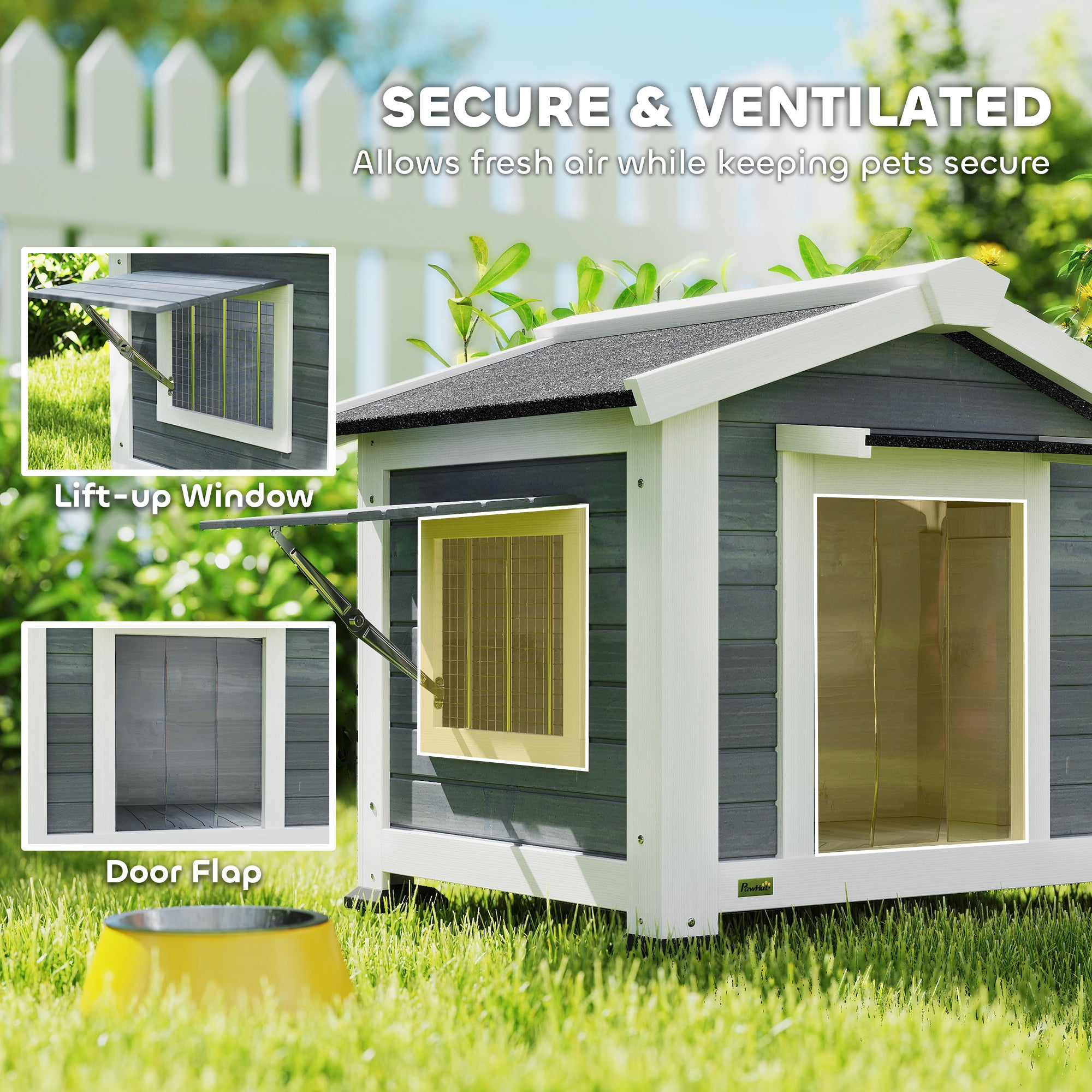 Weatherproof Wooden Dog House with Removable Floor, Asphalt Roof & Opening Window, 38.6" x 29.9" x 27.4" – Gray