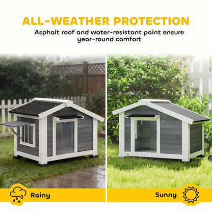 Weatherproof Wooden Dog House with Removable Floor, Asphalt Roof & Opening Window, 38.6" x 29.9" x 27.4" – Gray