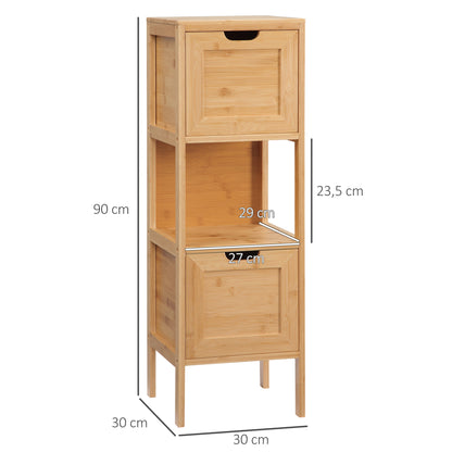 Free-standing bathroom cabinet storage cabinet with bamboo feet 2 removable drawers and 1 shelf - natural design - 30 x 30 x 90 cm natural