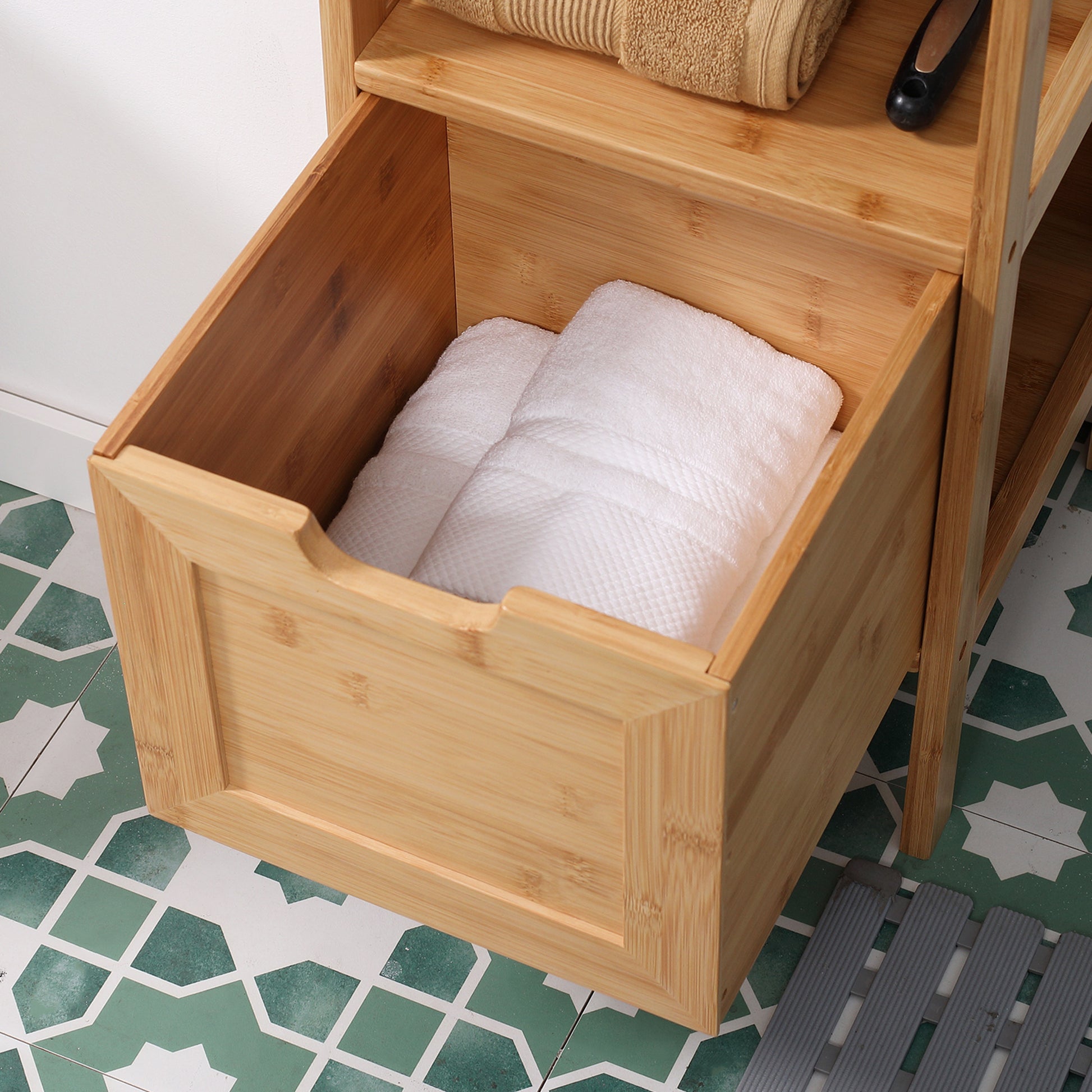 Free-standing bathroom cabinet storage cabinet with bamboo feet 2 removable drawers and 1 shelf - natural design - 30 x 30 x 90 cm natural