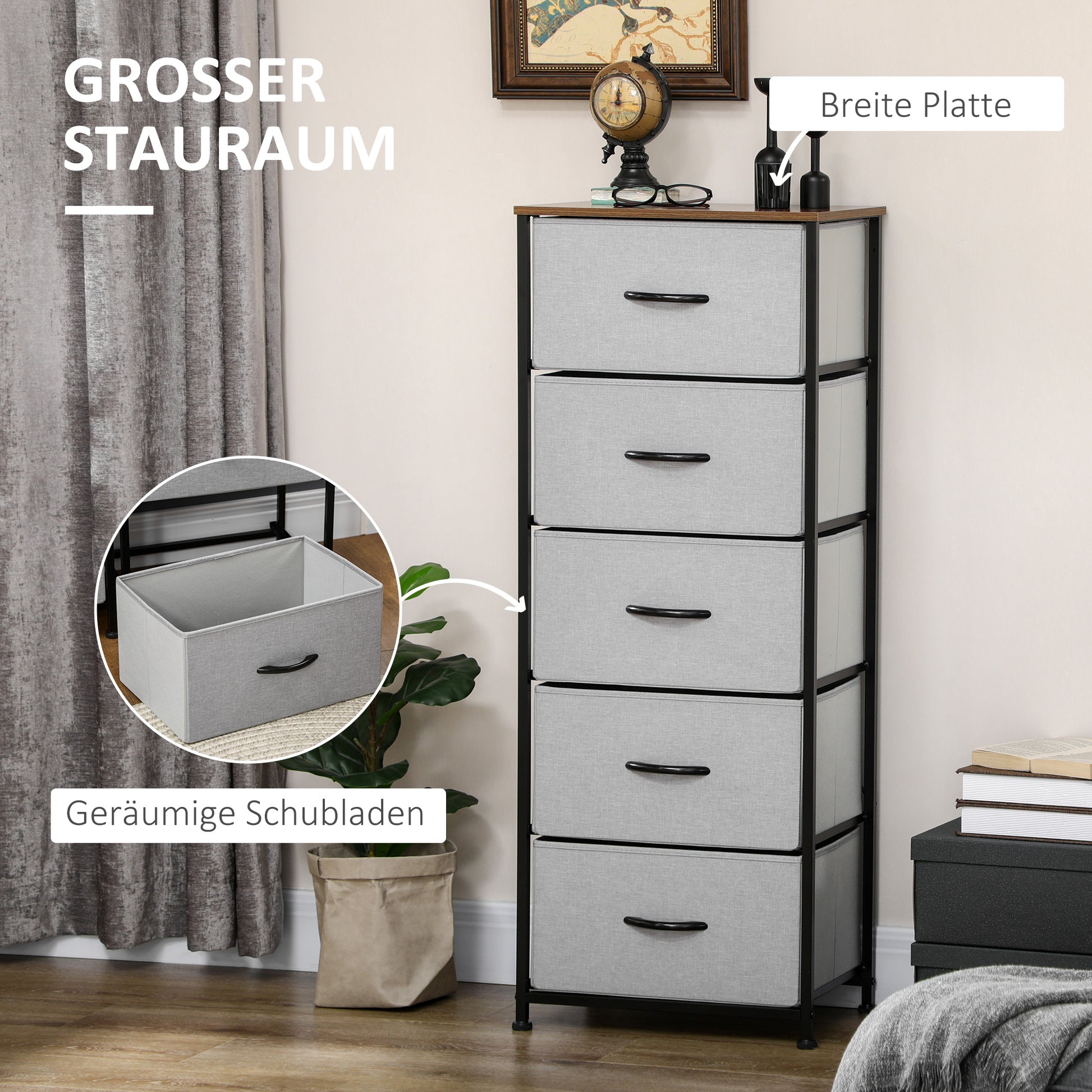 Dresser Sideboard with 5 Foldable Fabric Drawers, Drawer Cabinet with Worktop, Handle, Multi-Purpose Cabinet with Tip-Over Protection, for Living Room Bedroom, Gray