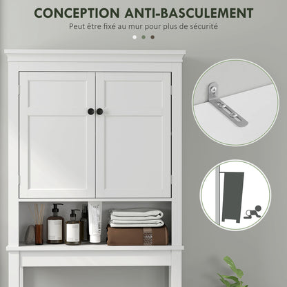 Over Toilet Storage Cabinet Bathroom Laundry Machine Shelf Bathroom Storage with Compartment, Double Door Cabinet, Adjustable Shelves - 70 x 20 x 175 cm, White