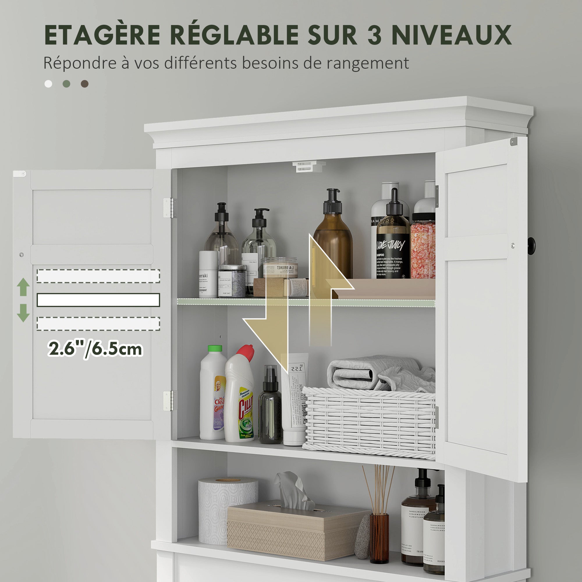 Over Toilet Storage Cabinet Bathroom Laundry Machine Shelf Bathroom Storage with Compartment, Double Door Cabinet, Adjustable Shelves - 70 x 20 x 175 cm, White
