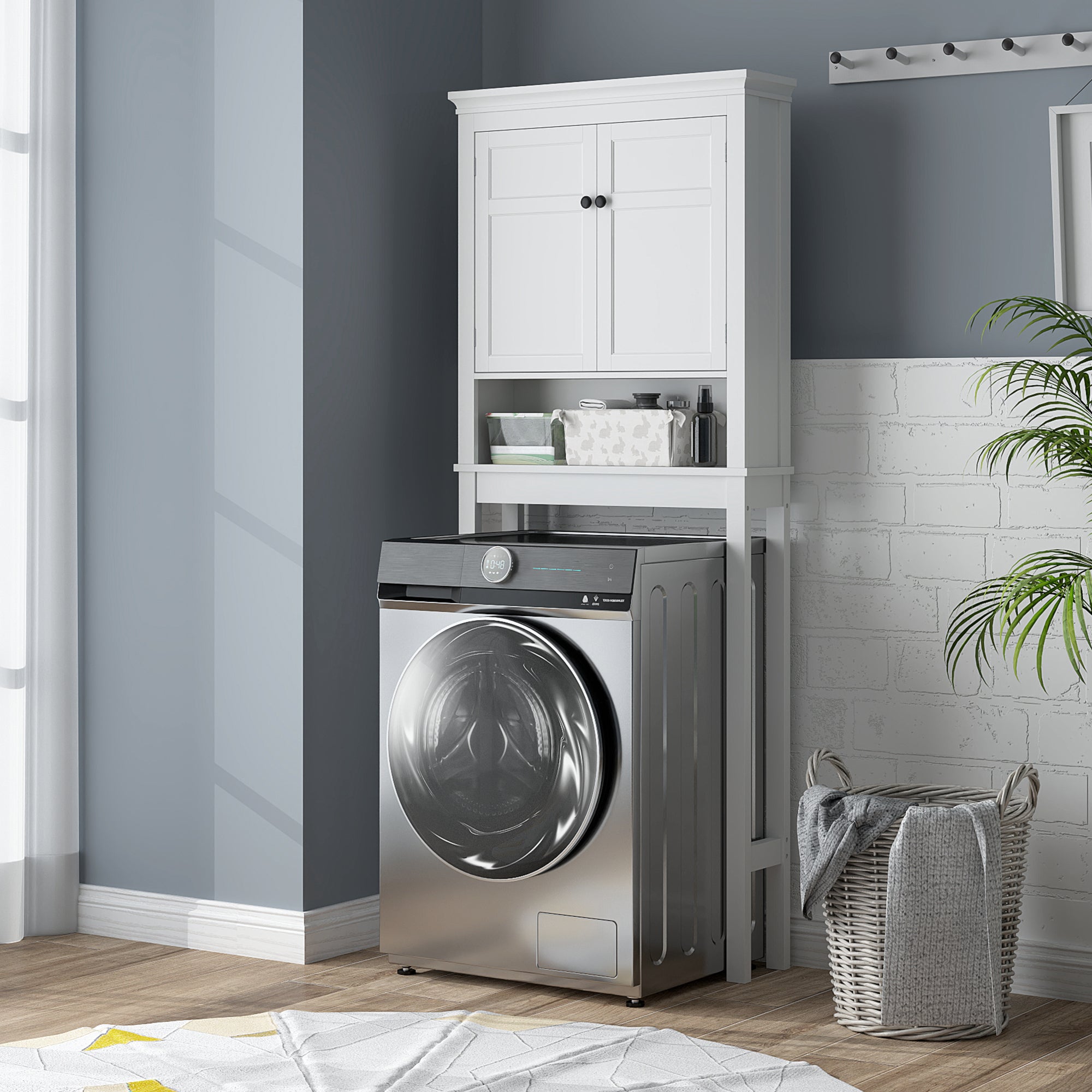 Over Toilet Storage Cabinet Bathroom Laundry Machine Shelf Bathroom Storage with Compartment, Double Door Cabinet, Adjustable Shelves - 70 x 20 x 175 cm, White