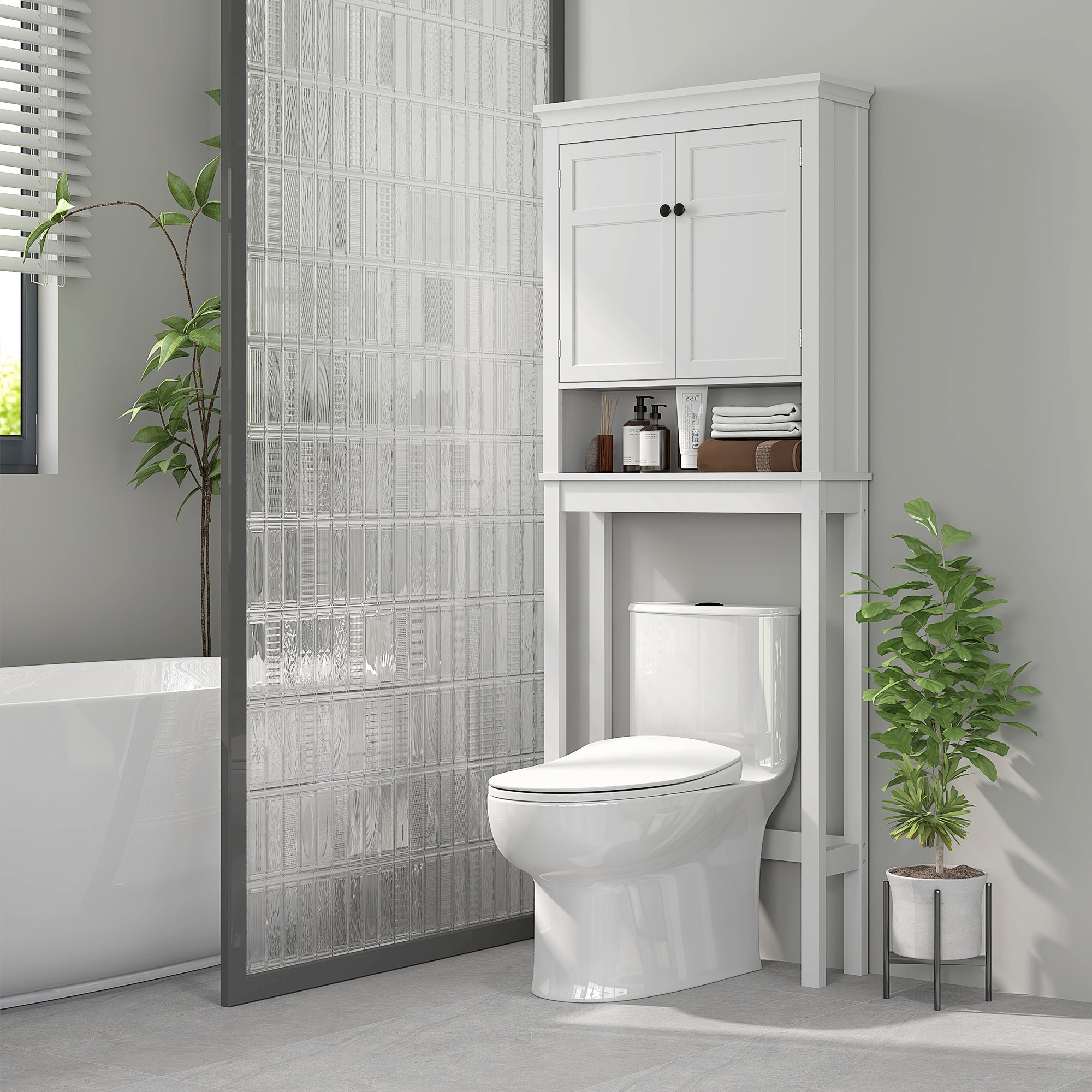 Over Toilet Storage Cabinet Bathroom Laundry Machine Shelf Bathroom Storage with Compartment, Double Door Cabinet, Adjustable Shelves - 70 x 20 x 175 cm, White