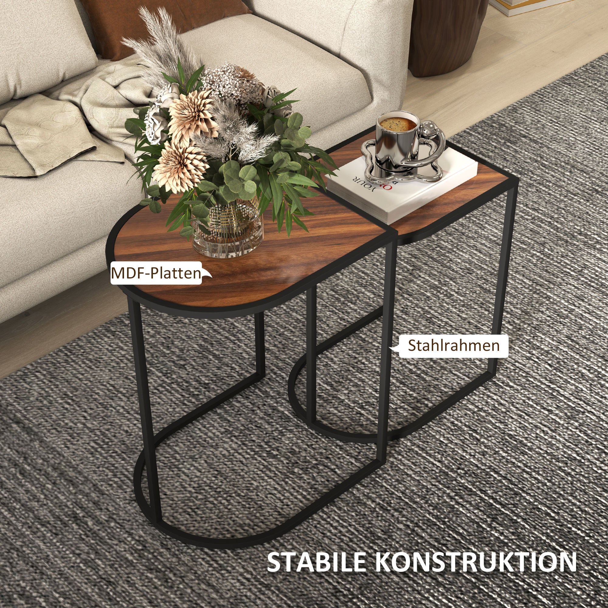 2-Piece Coffee Table Set, Square Side Table, Coffee Table with Steel Frame, Stackable Coffee Table, for Living Room, up to 20 kg Load Capacity, Brown+Black