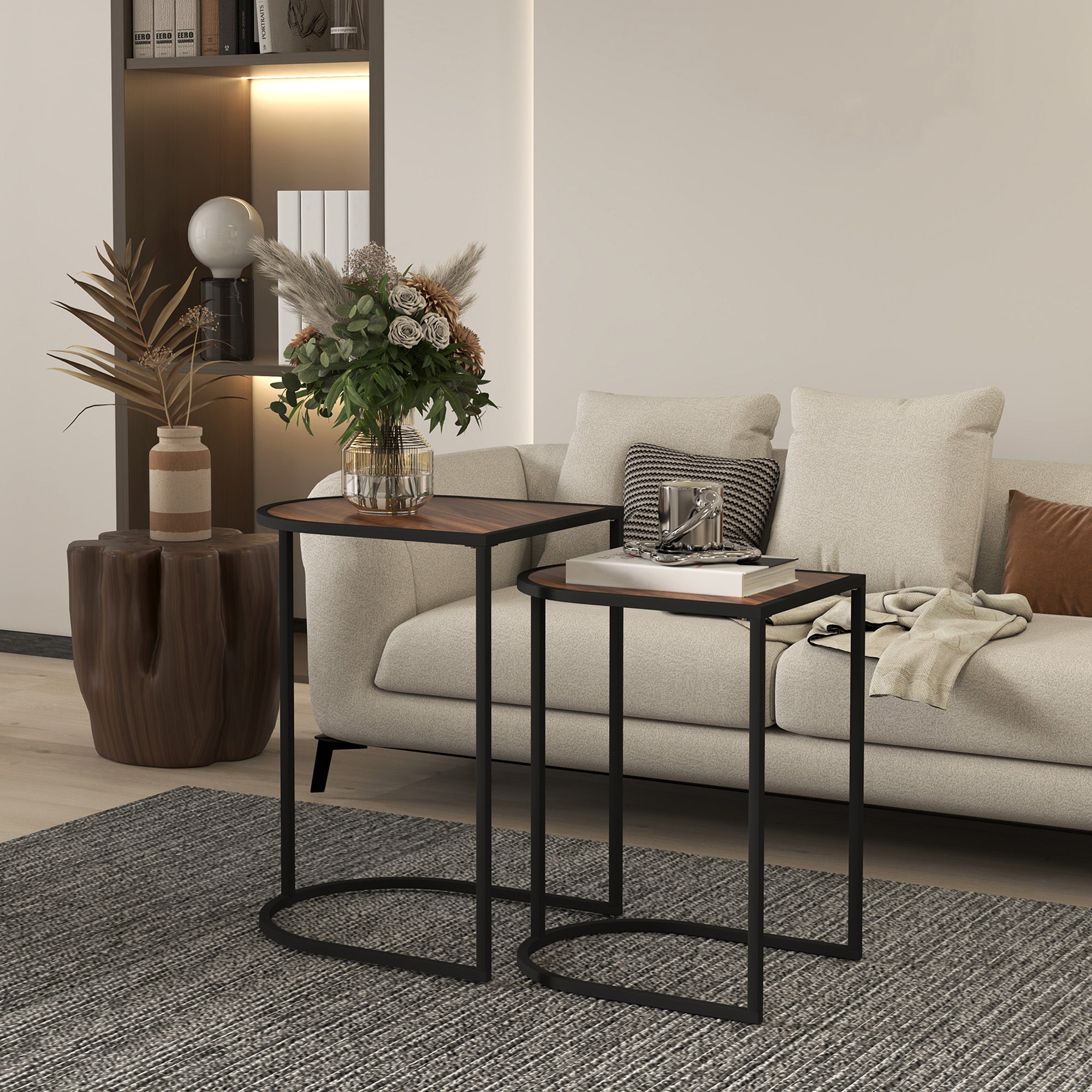 2-Piece Coffee Table Set, Square Side Table, Coffee Table with Steel Frame, Stackable Coffee Table, for Living Room, up to 20 kg Load Capacity, Brown+Black