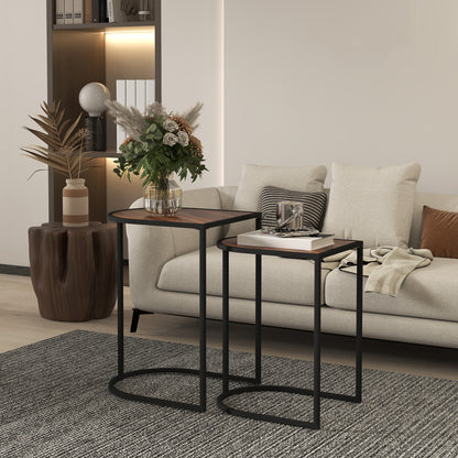 2-Piece Coffee Table Set, Square Side Table, Coffee Table with Steel Frame, Stackable Coffee Table, for Living Room, up to 20 kg Load Capacity, Brown+Black