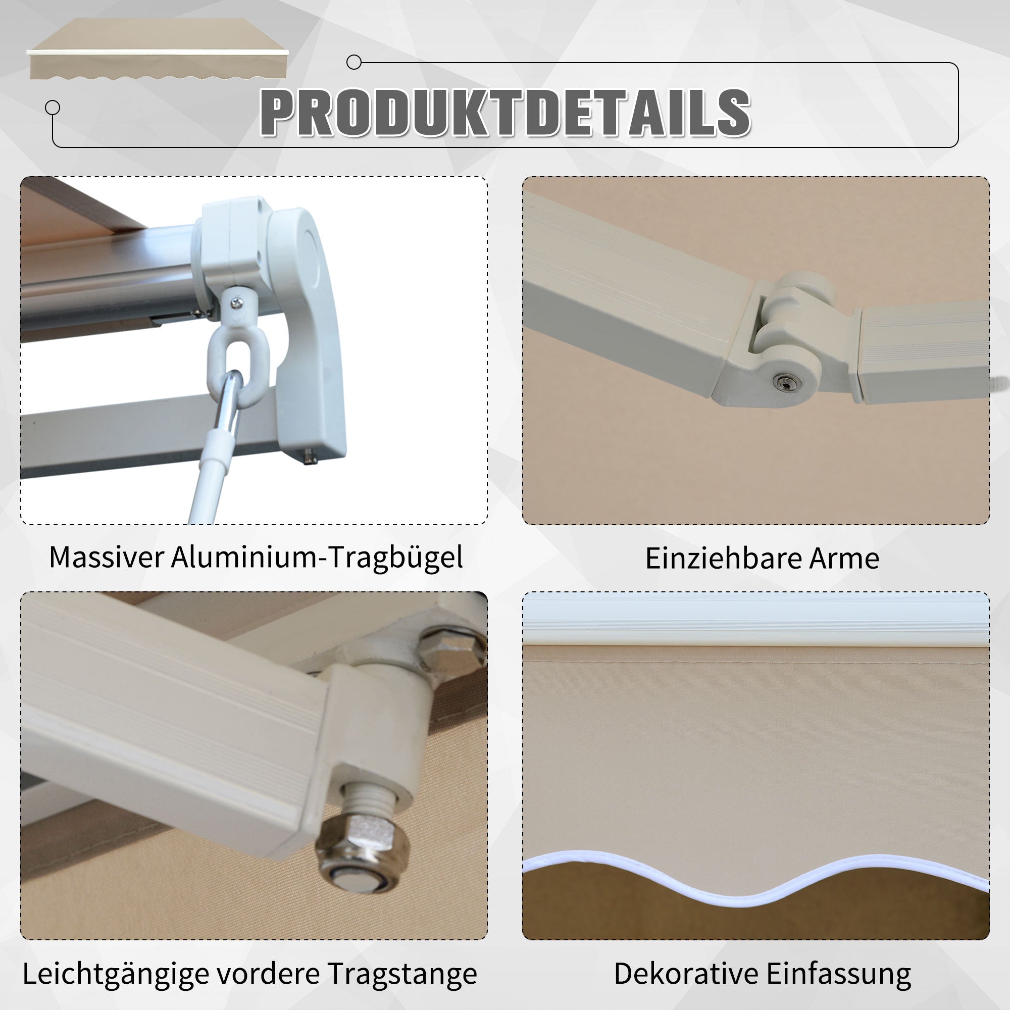 Joint Arm Awning Adjustable Clamping Awning Terrace Awning 3.95 x 3m Sun Protection with Crank, Balcony Awning, Beige