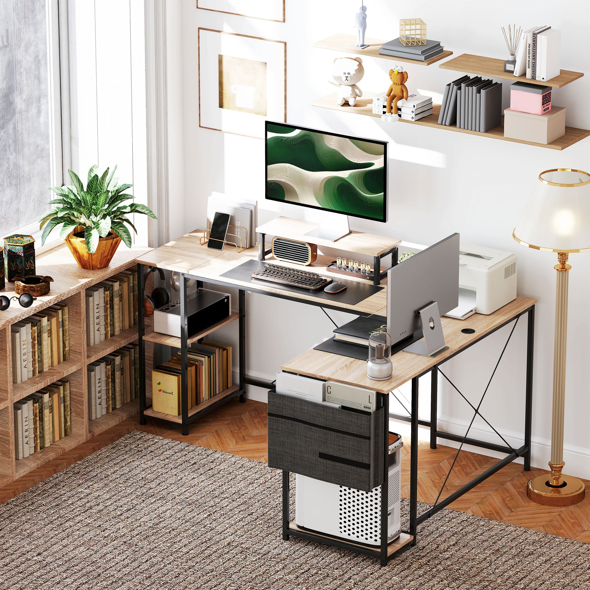 Reversible Modular Corner Desk, Industrial Style 168-240 cm - Adjustable Shelf, Storage Bag, Screen Stand, Computer Desk for 2 People, Natural Wood