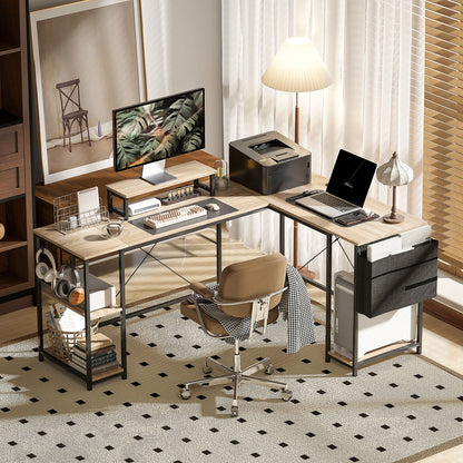 Reversible Modular Corner Desk, Industrial Style 168-240 cm - Adjustable Shelf, Storage Bag, Screen Stand, Computer Desk for 2 People, Natural Wood