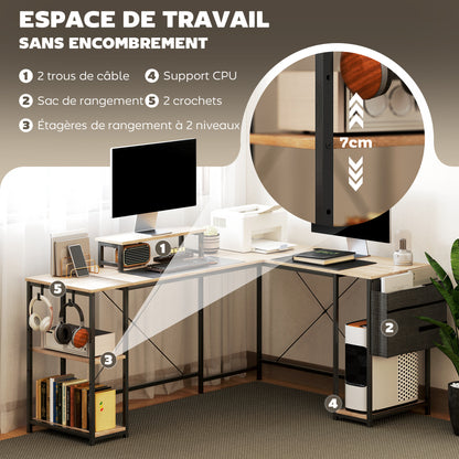 Reversible Modular Corner Desk, Industrial Style 168-240 cm - Adjustable Shelf, Storage Bag, Screen Stand, Computer Desk for 2 People, Natural Wood