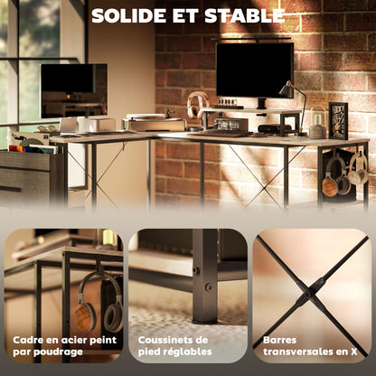 Reversible Modular Corner Desk, Industrial Style 168-240 cm - Adjustable Shelf, Storage Bag, Screen Stand, Computer Desk for 2 People, Natural Wood