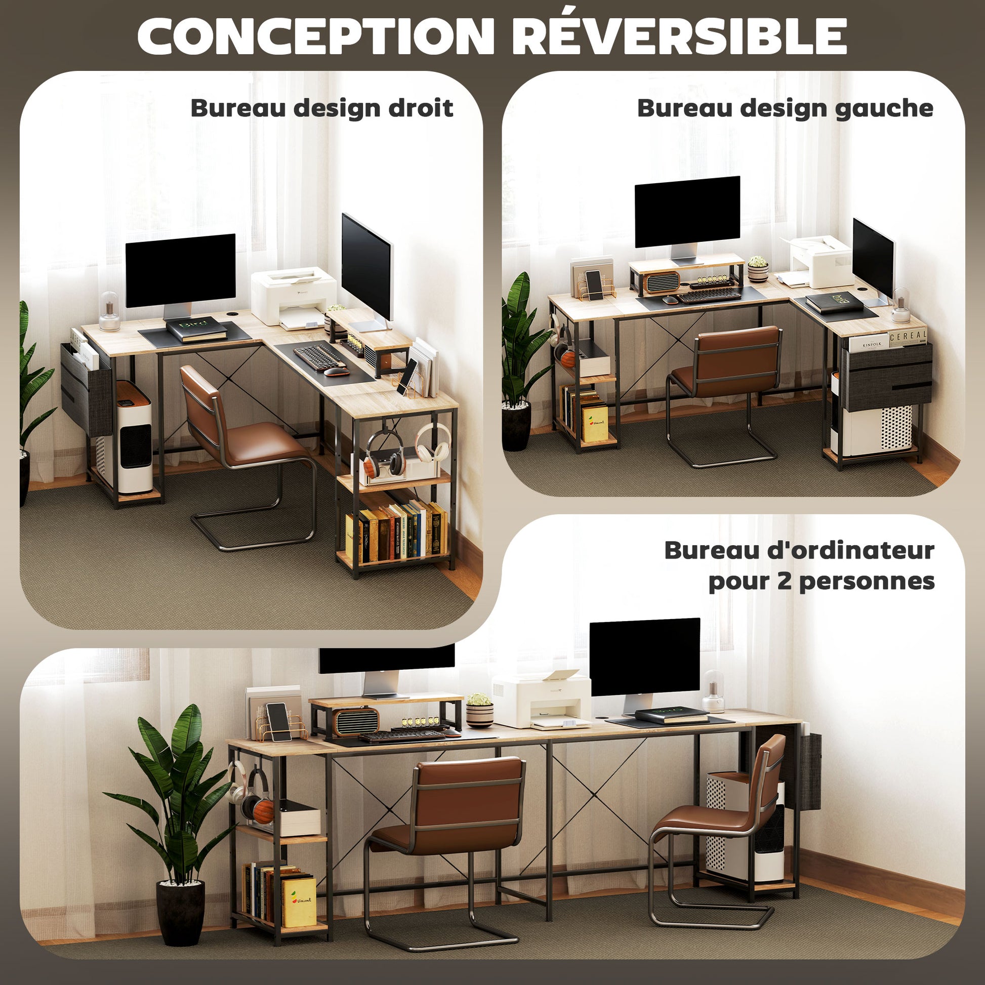 Reversible Modular Corner Desk, Industrial Style 168-240 cm - Adjustable Shelf, Storage Bag, Screen Stand, Computer Desk for 2 People, Natural Wood