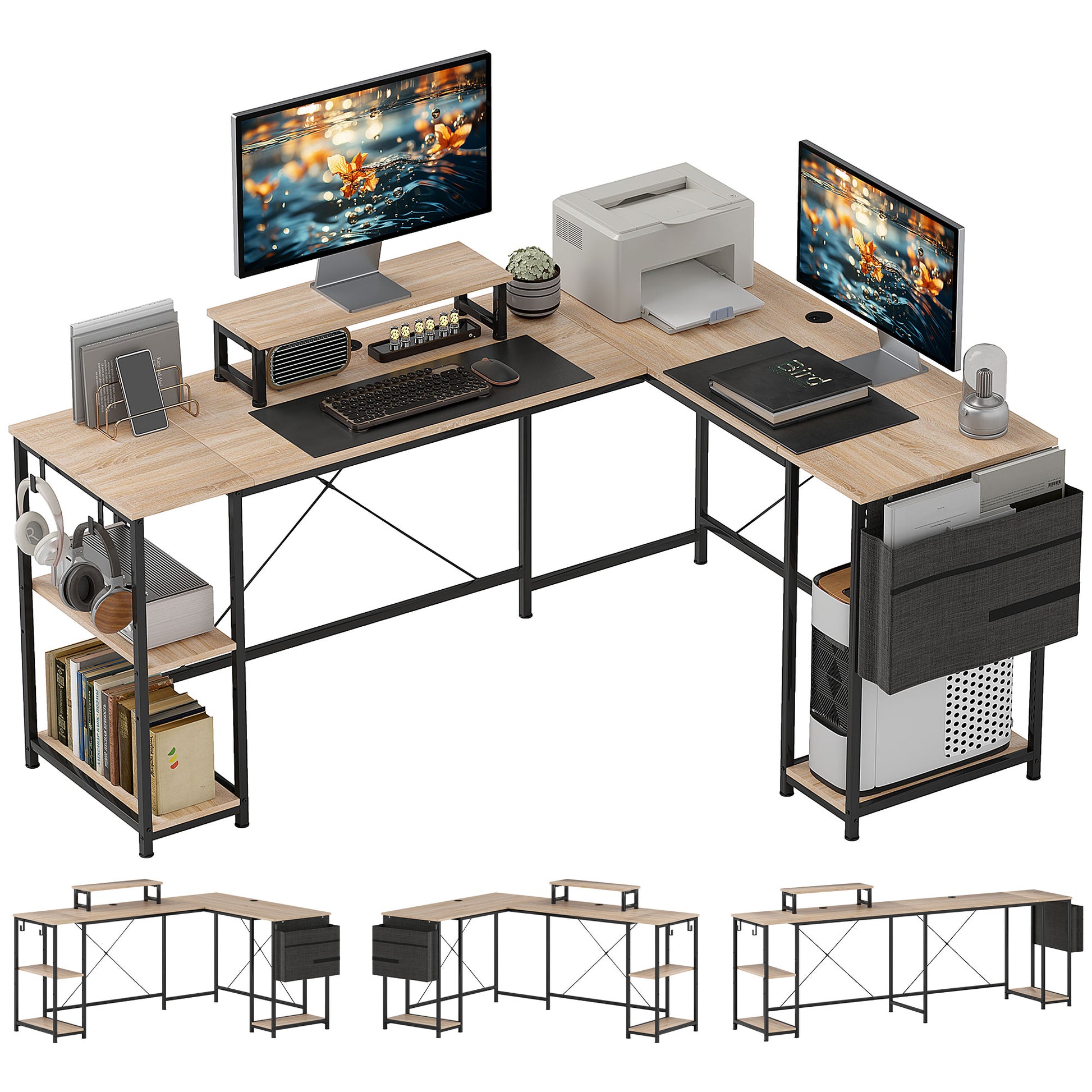 Reversible Modular Corner Desk, Industrial Style 168-240 cm - Adjustable Shelf, Storage Bag, Screen Stand, Computer Desk for 2 People, Natural Wood