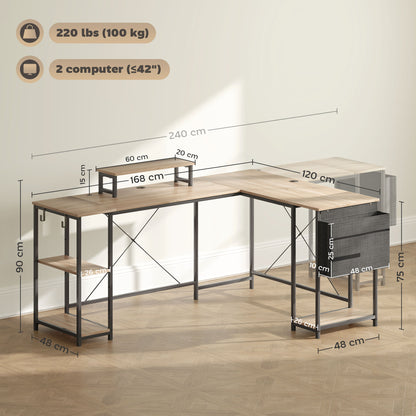 Reversible Modular Corner Desk, Industrial Style 168-240 cm - Adjustable Shelf, Storage Bag, Screen Stand, Computer Desk for 2 People, Natural Wood