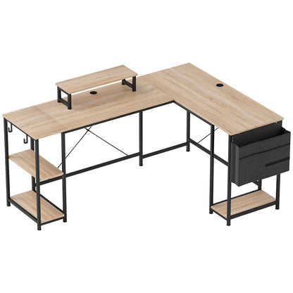 Reversible Modular Corner Desk, Industrial Style 168-240 cm - Adjustable Shelf, Storage Bag, Screen Stand, Computer Desk for 2 People, Natural Wood