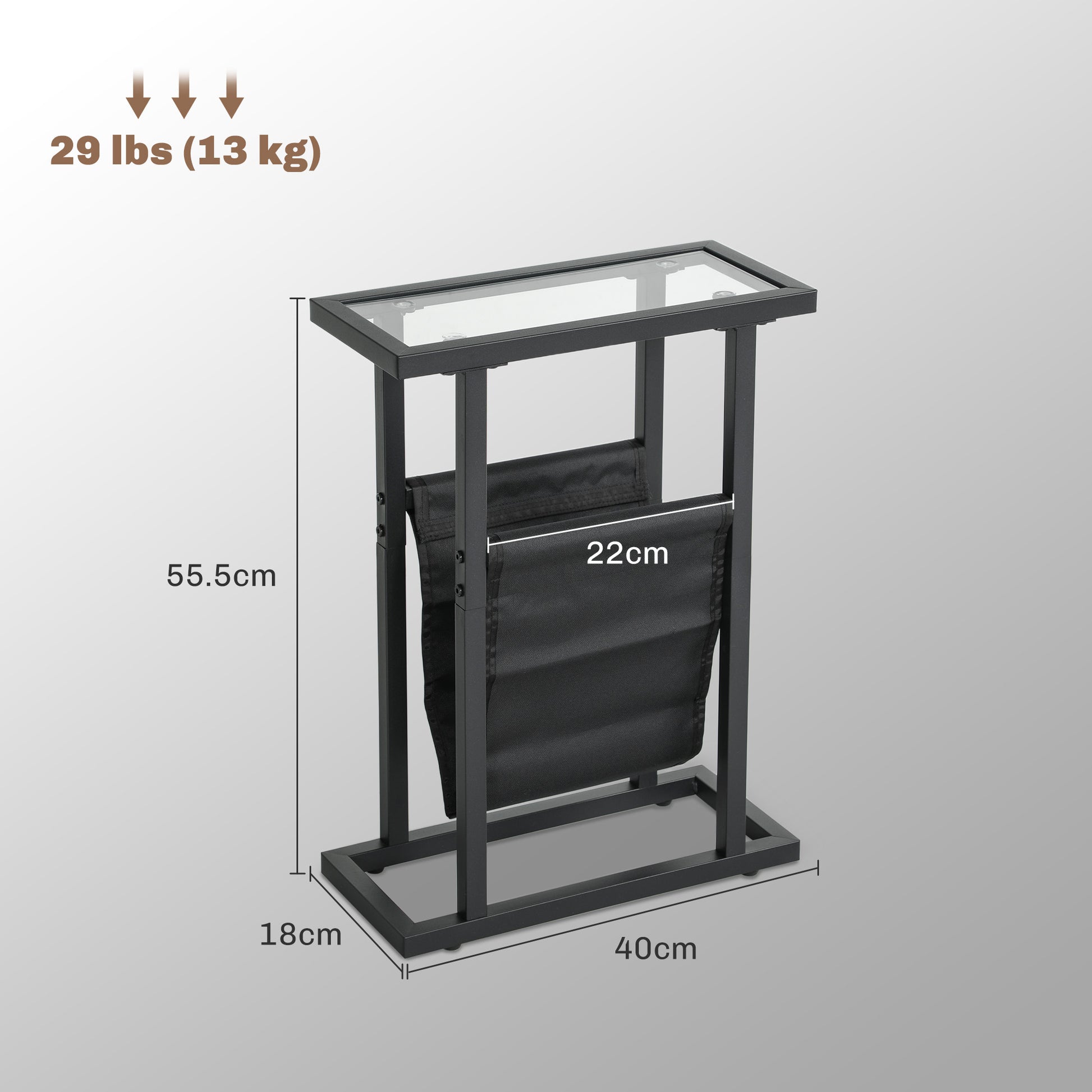 Side Table Nightstand with Fabric Basket, Glass Top, Coffee Table with Metal Legs, Living Room Sofa Table for Living Room Bedroom 40 x 18 x 55.5 cm Black