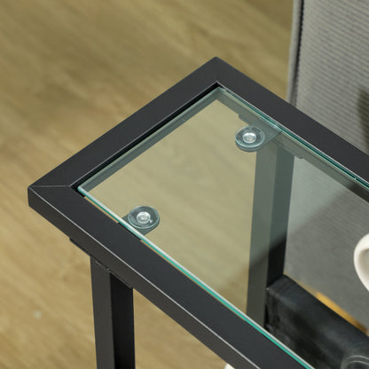 Side Table Nightstand with Fabric Basket, Glass Top, Coffee Table with Metal Legs, Living Room Sofa Table for Living Room Bedroom 40 x 18 x 55.5 cm Black