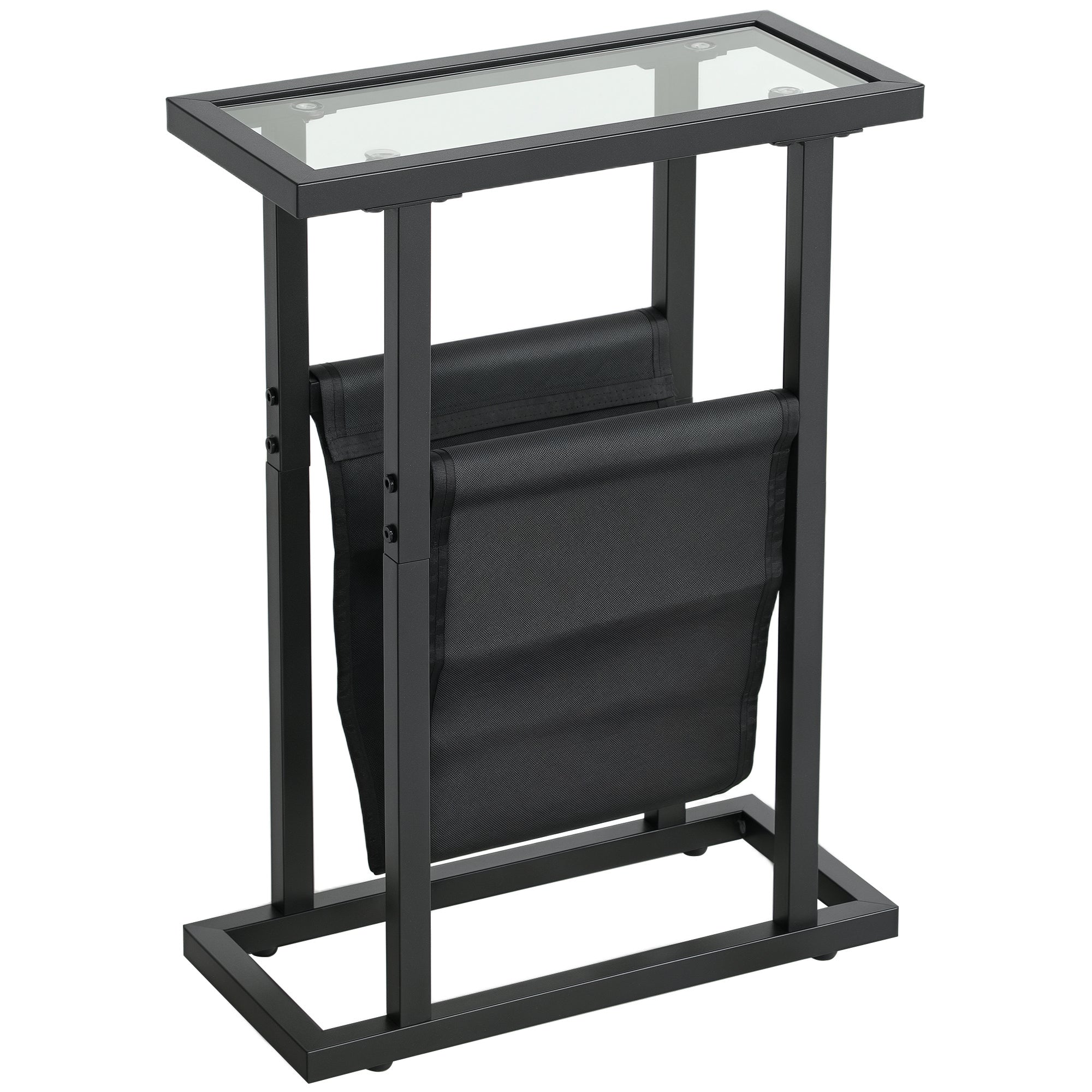 Side Table Nightstand with Fabric Basket, Glass Top, Coffee Table with Metal Legs, Living Room Sofa Table for Living Room Bedroom 40 x 18 x 55.5 cm Black