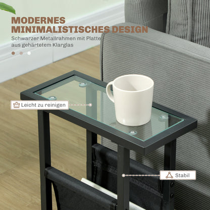 Side Table Nightstand with Fabric Basket, Glass Top, Coffee Table with Metal Legs, Living Room Sofa Table for Living Room Bedroom 40 x 18 x 55.5 cm Black