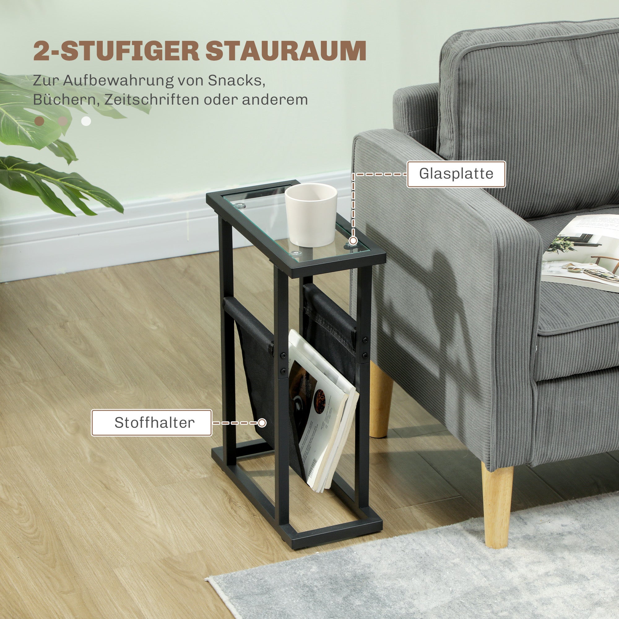 Side Table Nightstand with Fabric Basket, Glass Top, Coffee Table with Metal Legs, Living Room Sofa Table for Living Room Bedroom 40 x 18 x 55.5 cm Black